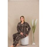 Arias Closet Büyük Beden Leopar Desenli Düğmeli Uzun Kol Viskon Pijama Takımı