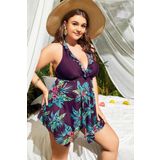 Aria's Closet Büyük Beden Mor Üstüne Çiçek Desenli Boyundan Bağlamalı Elbise