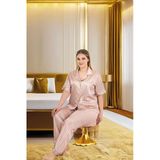 Arias Closet Büyük Beden Şık Tasarım Vizon Çizgili Düğmeli Kısa Kol Lüx Saten Pijama Takımı