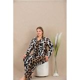 Arias Closet Büyük Beden Siyah Benekli Düğmeli Uzun Kol Viskon Pijama Takımı