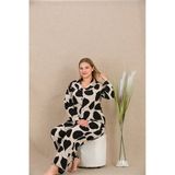 Arias Closet Büyük Beden Siyah Beyaz Desenli Düğmeli Uzun Kol Viskon Pijama Takımı