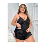 Aria's Closet Büyük Beden Siyah Yırtmaç Dantel İşlemeli Saten Şortlu Takım