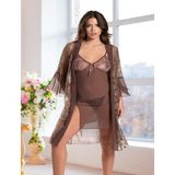 Aria's Closet Haki Transparan Dantel İşlemeli Tül Yırtmaçlı 2'li Gecelik Takımı