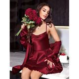 Arias Closet Özel Tasarım Sırt Dekolteli Sabahlıklı Saten Bordo 2Li Gecelik Takımı