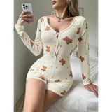 Arias Closet Pamuklu Ekru Ayıcık Desenli Düğmeli Tulum Pijama