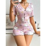 Arias Closet Pamuklu Pembe Kuzu Desenli Düğmeli Uzun Kol Tulum Pijama