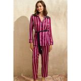 Arias Closet Saten Çizgili Düğmeli Uzun Kol Dantelli Gömlek Pantolon Pijama Takım (9765)