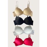 Aria's Closet Siyah-Beyaz-Kırmızı-Ten 4'lü Dolgulu Push Up Micro Balenli Günlük Tek Destekli Sütyen