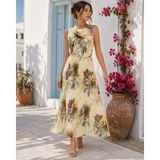 Arif Akkaya Fashion Akdeniz Esintili Piliseli Çiçek Desenli Elbise-Gold Kemerli - Açık Sarı - 48