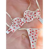 Arinda Lovely Kırmızı Kalpli Tül Balenli Kapsız Iç Çamaşırı Takımı - 90B - Ekru - Kırmızı