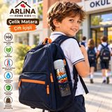 Arlina Home Kids 304 Paslanmaz Çelik Termos Çift Içim Modlu Kilit Kapaklı Çocuk Matarası 600 ml - Turuncu - 0,60 lt