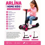 Arlina Home Kids Combo Oturaklı 3 Tekerlekli Katlanabilir LED Işıklı Scooter Pembe