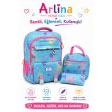 Arlina Home Kids Kore Model 3 Lü Set Su Geçirmez Kız Çocuk Çantası Mavi-Pembe Çanta-Beslenme-Kalemlik Seti