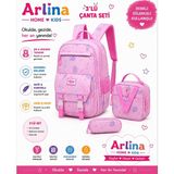 Arlina Home Kids Kore Model 3 Lü Set Su Geçirmez Kız Çocuk Çantası Pembe Çanta-Beslenme-Kalemlik Seti - 1