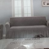 Arlisa 3+3+1+1 Antrasit Jakarlı Kare Çizgili Etekli Maksi Koltuk Örtüsü
