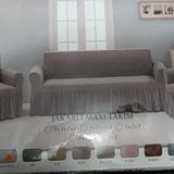 Arlisa 3+3+1+1 Kum Jakarlı Kare Çizgili Etekli Maksi Koltuk Örtüsü