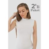 Arma Yıldız 2 Adet Beyaz Bambu Kadın Balıkçı Yaka Sıfır Kol Body Boğazlı Kolsuz Badi - 2XL