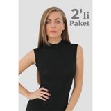 Arma Yıldız 2 Adet Siyah Bambu Kadın Balıkçı Yaka Sıfır Kol Body Boğazlı Kolsuz Badi - XL
