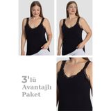 Arma Yıldız Kadın Büyük Beden Pamuklu Dantelli Atlet Esnek ve Rahat Siyah 3'lü Paket