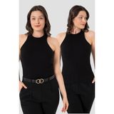 Arma Yıldız Kadın Pamuklu Fitilli Görünümlü Halter Yaka Basic Siyah Atlet 2'li Paket - XL