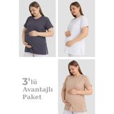 Arma Yıldız Pamuklu Kısa Kollu Hamile Tişört 3'lü Paket – Yumuşak ve Rahat Hamile Giyim - 3XL - Beyaz - Antrasit - Bej