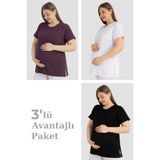 Arma Yıldız Pamuklu Kısa Kollu Hamile Tişört 3'lü Paket – Yumuşak ve Rahat Hamile Giyim - 3XL - Mürdüm - Beyaz - Siyah
