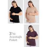 Arma Yıldız Pamuklu Kısa Kollu Hamile Tişört 3'lü Paket – Yumuşak ve Rahat Hamile Giyim - 4XL - Siyah - Mürdüm - Bej