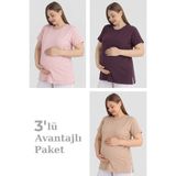 Arma Yıldız Pamuklu Kısa Kollu Hamile Tişört 3'lü Paket – Yumuşak ve Rahat Hamile Giyim - 5XL - Pembe - Mürdüm - Bej