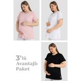 Arma Yıldız Pamuklu Kısa Kollu Hamile Tişört 3'lü Paket – Yumuşak ve Rahat Hamile Giyim - 6XL - Pembe - Beyaz - Siyah