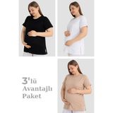 Arma Yıldız Pamuklu Kısa Kollu Hamile Tişört 3'lü Paket – Yumuşak ve Rahat Hamile Giyim - Bej - Siyah - Beyaz