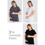 Arma Yıldız Pamuklu Kısa Kollu Hamile Tişört 3'lü Paket – Yumuşak ve Rahat Hamile Giyim - XL - Antrasit - Beyaz - Siyah