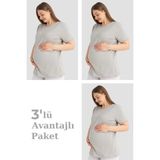 Arma Yıldız Pamuklu Kısa Kollu Hamile Tişört Gri 3'lü Paket – Yumuşak ve Rahat Hamile Giyim - 3XL - Gri - Pudra