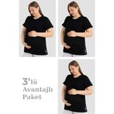 Arma Yıldız Pamuklu Kısa Kollu Hamile Tişört Siyah 3'lü Paket – Yumuşak ve Rahat Hamile Giyim - 4XL - 0 Siyah