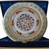 Armada Çini Armada Cini Prt 44 25 Cm Sarı Altın Yaldızlı Lale Karanfil Gümüş Çerçeveli Porselen Cini Tabak
