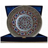Armada Çini Prt 38 25 Cm Kırmızı Altın Yaldızlı Lale Karanfil Desenli Gümüş Çerçeveli Porselen Çini Tabak Çok Renkli