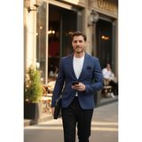 Armando Erkek Lacivert-Bej Ekoseli Slim Fit Dar Kesim Mono Yaka Spor Blazer Ceket Lacivert 52