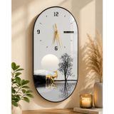 Armasse Doğanın Yansıması Geyik Temalı Dekoratif Oval Duvar Saati 60X30 cm – Modern Salon ve Ofis Saati