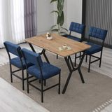 Armens Life Dubai 4 Sandalyeli Mutfak Masa Takımı 70X110 Ceviz Masa Siyah Metal Keten Kumaş Sandalye - Lacivert