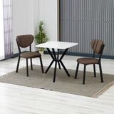 Armens Life Elma Modeli Kare Mutfak Masa Sandalye Takımı, 2 Sandalye 1 Sabit Beyaz Masa 70X70 Cm, Keten Kumaş - Kahverengi