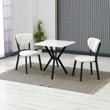 Armens Life Elma Modeli Kare Mutfak Masa Sandalye Takımı, 2 Sandalye 1 Sabit Beyaz Masa 70X70 Cm, Keten Kumaş - Krem