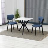 Armens Life Elma Modeli Kare Mutfak Masa Sandalye Takımı, 2 Sandalye 1 Sabit Beyaz Masa 70X70 Cm, Keten Kumaş - Lacivert
