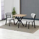 Armens Life Elma Modeli Kare Mutfak Masa Sandalye Takımı, 2 Sandalye 1 Sabit Ceviz Masa 70X70 Cm, Keten Kumaş - Gri