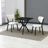 Armens Life Elma Modeli Kare Mutfak Masa Sandalye Takımı 2 Sandalye 1 Siyah Mermer Desen Masa 70X70 Keten Kumaş - Krem