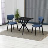 Armens Life Elma Modeli Kare Mutfak Masa Sandalye Takımı 2 Sandalye 1 Siyah Mermer Desen Masa 70X70 Keten Kumaş - Lacivert
