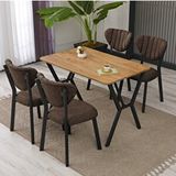 Armens Life Elma Modeli Masa Sandalye Takımı, 4 Sandalye 1 Sabit Ceviz Masa 110x70 Cm, Keten Kumaş Kahverengi
