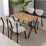 Armens Life Elma Modeli Masa Sandalye Takımı, 4 Sandalye 1 Sabit Ceviz Masa 110x70 Cm, Keten Kumaş Krem