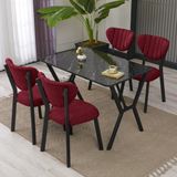 Armens Life Elma Modeli Masa Sandalye Takımı, 4 Sandalye 1 Sabit Siyah Mermer Desen Masa 110 x 70 cm , Keten Kumaş - Bordo - 70x70