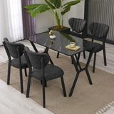 Armens Life Elma Modeli Masa Sandalye Takımı, 4 Sandalye 1 Sabit Siyah Mermer Desen Masa 110 x 70 cm , Keten Kumaş - Füme - 70x70