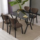 Armens Life Elma Modeli Masa Sandalye Takımı, 4 Sandalye 1 Sabit Siyah Mermer Desen Masa 110 x 70 cm , Keten Kumaş - Kahverengi - 70x70