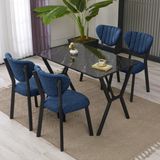 Armens Life Elma Modeli Masa Sandalye Takımı, 4 Sandalye 1 Sabit Siyah Mermer Desen Masa 110 x 70 cm , Keten Kumaş - Lacivert - 70x70